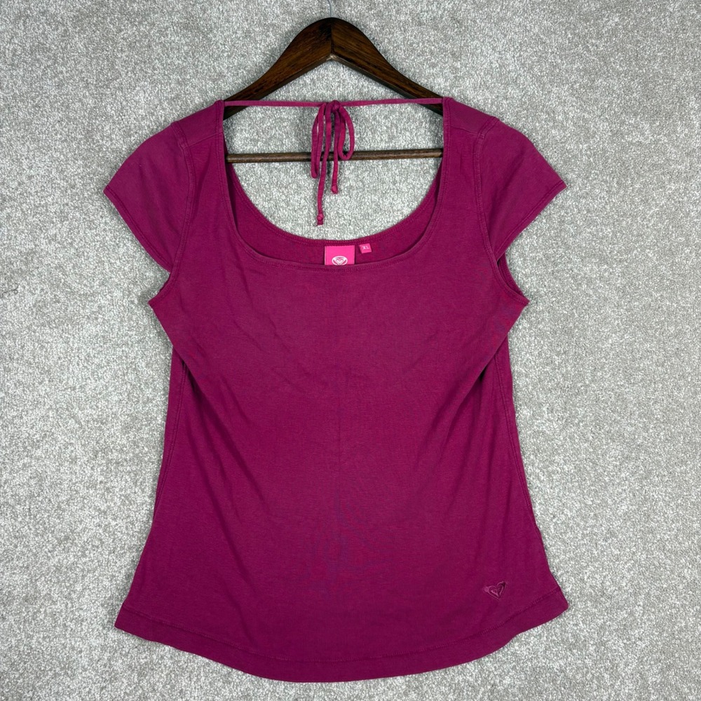 Roxy Quiksilver Magenta Pink Open Back Tie Scoop Neck Short Sleeve Top XL